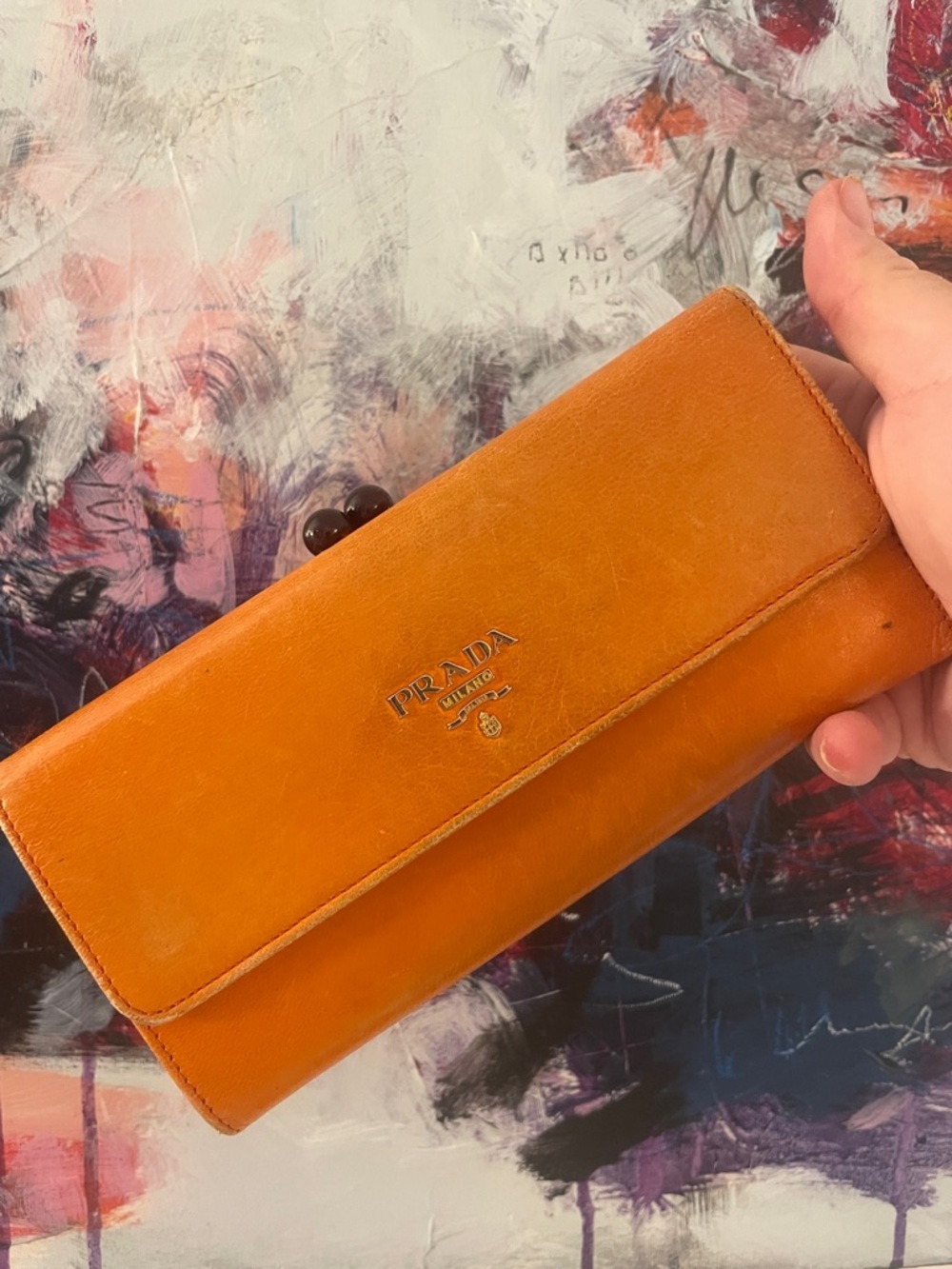 Prada Papaya Orange Pebbled Leather Continental Wallet Gold Log - Picture 3 of 14